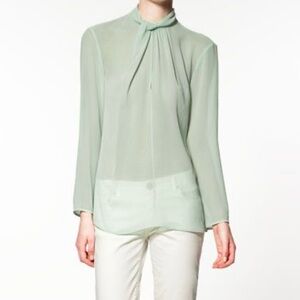 Zara Knot Collar Sheer Light Green Long Sleeve Blouse M‎ Keyhole Front and Back